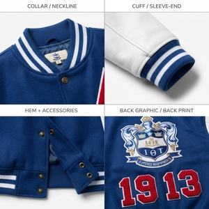 Veste universitaire personnalisée OEM en polyester pêché et élasthanne bleu roi avec broderie chenille HBCU Divine Nine, fabrication Sialkot - Product Image 4