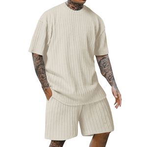 New Fashion Summer Men's Casual 2-Piece <b>Knitted</b> 300gram Solid Pattern Quick Dry Breathable T-Shirt and Shorts <b>Set</b> - Product Image 4