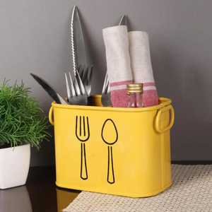 Porta Cubiertos Metálico Amarillo Vibrante con Asas Laterales, Organizador de Cubiertos con 2 Compartimentos para Cucharas y Tenedores, para Cocina - Product Image 1
