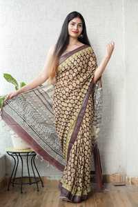 Sarees de lino con estampado único en algodón puro y blusa de lino para mujer, que dan un aspecto hermoso en bodas, fiestas y festivales. - Product Image 4