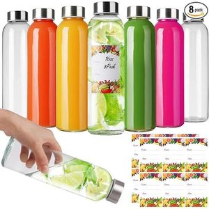 Set di 8 Bottiglie d'Acqua in Vetro Riutilizzabili con Coperchi in Acciaio Inox, Contenitori Vuoti per Succhi, Frullati, Tè, Bevande e Kombucha - Product Image 1