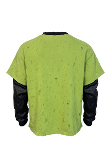Custom OEM Rhinestone Graphic Lime Green Vintage Distressed Ripped Oversized Layered Leather Sleeve Men T <b>Shirt</b> Heavyweight - Product Image 3