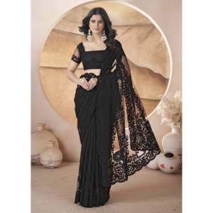 Organza Straight Silhouette Saree with Zari Embroidery and Stonework for Party Wear <b>Natural</b> Waistline - Product Image 6