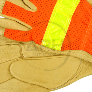 Nouveauté : Gants de travail haute visibilité à doigts complets en cuir véritable avec bande réfléchissante et logo personnalisé, en tissu mesh orange - Product Image 6