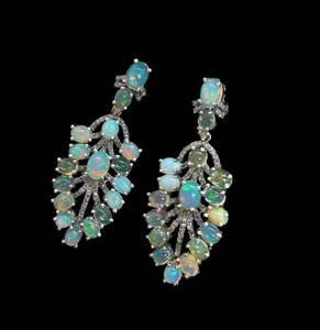 Natural Ethiopian <b>Opal</b> Diamond <b>Earring</b> Pave Diamond <b>Earrings</b> 925 Sterling Silver Handmade Oxidized Dongle Diamond <b>Earring</b> Gift F - Product Image 4