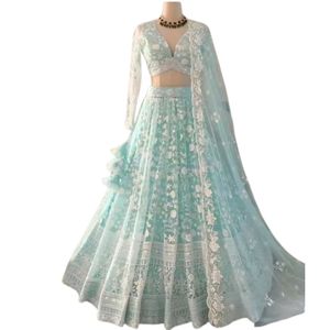 Élégante robe de demoiselle d'honneur en organza vert menthe avec broderie, haut court à col en V, manches longues, coupe trapèze, longueur ras du sol - Product Image 2
