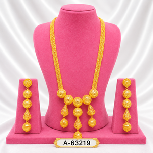 Dubai Style Gold Jewelry Set – Long Layered Necklace, Earrings & <b>Ring</b> for Bridal Wear A-63220 - Product Image 2