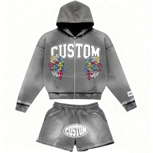 OEM 2026 Men's Custom Screen Printed Tracksuit <b>Set</b>, Full-Zip Hoodie and Shorts Two-Piece, Streetwear Hip-Hop Style Outfit - Product Image 2