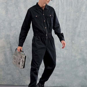 Custom Logo Printed Men Black Long Sleeve Coverall <b>Jumpsuit</b> <b>With</b> Chest <b>Pockets</b> And Elastic Waistband - Product Image 3