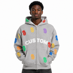 100% Unisex Heavy Fleece Full <b>Zip</b> <b>Up</b> Hoodie Custom Logo All Over Puff Print Multi Monogram Patch Drop Shoulder Streetwear <b>Jacket</b> - Product Image 2