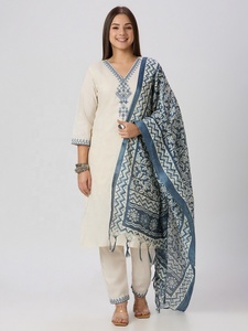Conjunto de Kurti de algodón Khadi con dupatta azul estampada, ropa tradicional india y pakistaní para mujer, informal para todas las estaciones. - Product Image 1