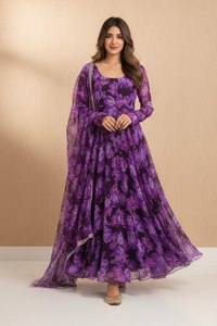 Kurti Morado con Estampado Digital y Borde de Encaje Georgette, Precio de Fabricante, Suministro al por Mayor para Ropa Festiva - Product Image 5