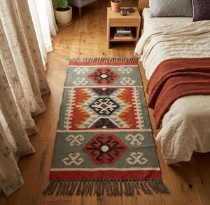 Tapis Kilim tissé à la main, style bohème tribal géométrique, en laine, style turc, tapis de couloir rustique, décoration de sol pour l'entrée de la maison - Product Image 1