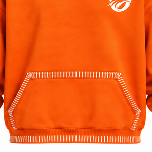 <b>Orange</b> Stitched Border Distressed Pullover <b>Hoodie</b> Oversized Streetwear Sweatshirt Contrast Stitch Kangaroo Pocket Casual Wear - Product Image 6