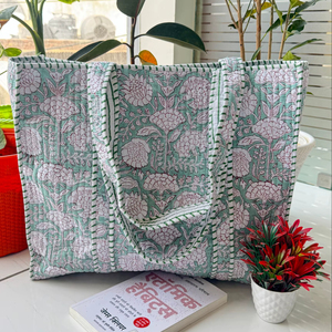Bolsa de Mano de Algodón Hecha a Mano, con Estampado Floral Azul, Forro de Malla con Cierre, Ecológica, Duradera, Ligera, Portátil, de Gran Capacidad - Product Image 1