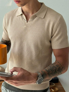 Chemise en tricot gaufré de couleur unie pour hommes, manches courtes, haut décontracté, fin - Product Image 5