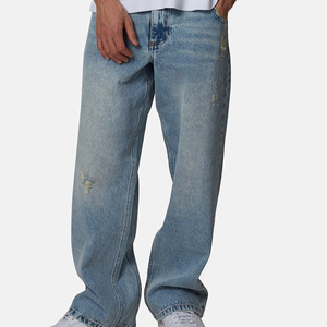 Men's Straight Leg Distressed Denim Jeans Mid Wash Loose Fit Cotton Casual Spring Style Ripped Detail - Product Image 1