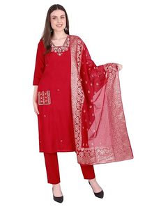 SAZU Red <b>Kurta</b> Set for <b>Women</b> with Embroidered Dupatta | Elegant 3 Piece Ethnic Wear Suit Set for Festivals, Parties & Weddings - Product Image 6