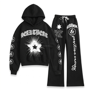 Streetwear Clothing Oversized Custom 2 Pieces <b>Zip</b> <b>up</b> Boxy <b>Cropped</b> Hoodie and Baggy Sweatpants Set Blank Plain - Product Image 4