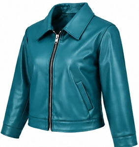 Chaqueta de Cuero Sintético Color Verde Azulado para Mujer, Cuello Camisero, Cierre de Cremallera, Manga Larga, Estilo Motero Corto - Product Image 4