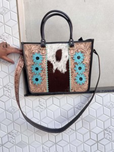 Western Pattern Cowhide Fur Tote Bag Stylish Leather Purse Hair on Hide Carving Hand Tooled Bags for Women's Multi Use - Product Image 5