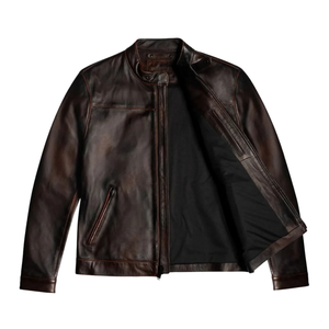 Men’s Distressed Dark Brown Genuine Leather <b>Racer</b> <b>Jackets</b> Snap Tab Collar Zip Front Slim Fit Vintage Motorcycle Casual Outerwear - Product Image 3