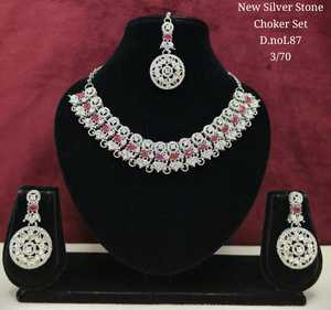 High Quality Latest Designed Fancy Collection Geometric silver Plated Pearl Kundan Necklace Earring Ring <b>Set</b> Women's Jewelry - Product Image 1