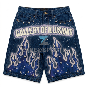 Shorts en jean Zabex Sports pour homme, respirants, mi-longs, avec strass, motif flamme, coupe droite, streetwear, en coton épais, design personnalisé, pour l'été - Product Image 1