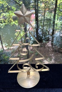 Metal Christmas <b>Tree</b> Decor <b>with</b> Star Topper Tabletop Holiday Ornament Indoor Display Gold Finished Handcrafted From India - Product Image 1