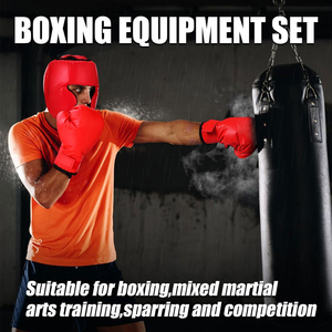 Leather Boxing <b>Head</b> Guard Full Face Protection Helmet with Gloves & Mouthguard Non Slip MMA Muay Thai <b>Training</b> Combo Set OEM - Product Image 4