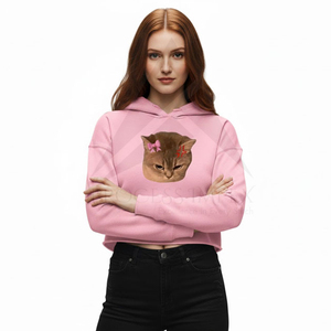 Women's Pink Cropped Hoodie With <b>Cat</b> Print Bow Design Casual Cotton Sweatshirt Autumn Wear - Product Image 1