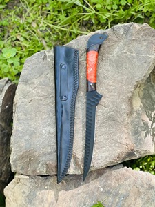 Custom Handmade Eco-Friendly Ambidextrous Fillet <b>Knife</b> in Carbon Steel <b>Bone</b>+Wood <b>Handle</b> with Leather Sheath Dishwasher Safe - Product Image 5