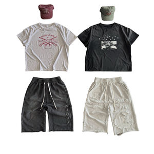 Ensemble deux pièces pour homme, 100% coton, style streetwear hip-hop d'été, respirant, style vintage, t-shirt graphique et short, mode décontractée - Product Image 4