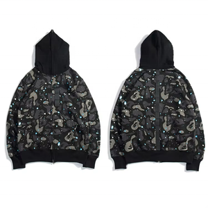 Veste zippée camouflage vintage, camouflage intégral, tissu molletonné lourd, impression DTG, streetwear, sweat à capuche double pour homme - Product Image 5