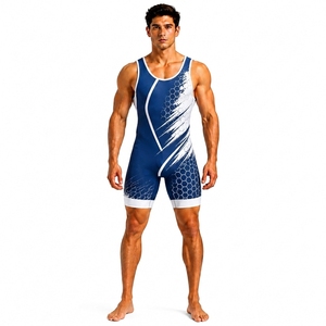 Maillot de lutte pour homme, imprimé par sublimation, ajusté, en spandex et polyester extensible, 240g, durable, respirant, léger, bleu et blanc, dernière collection - Product Image 1