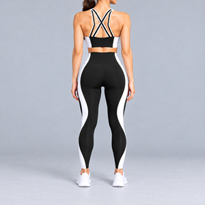 Women Black <b>White</b> Color Block Yoga <b>Set</b> High Waist Leggings Sports Bra Two Piece <b>Gym</b> Workout Activewear Fitness Outfit - Product Image 3