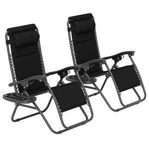 Set di 2 Sedie Reclinabili da Esterno con Poggiatesta e Vassoi Laterali - Nero - Product Image 1