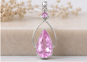 Natural Kunzite Silver Pendant, 925 Sterling Silver Pink Kunzite <b>Necklace</b>, Pear Cut Gemstone Pendant, Handmade Statement Jewelry - Product Image 2