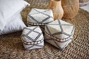 Black White Cream Decorative Handmade Beaded 002 Woven Cotton Rectangle Jewelry <b>Box</b> <b>Set</b> 3 Baskets Classic Style - Product Image 1