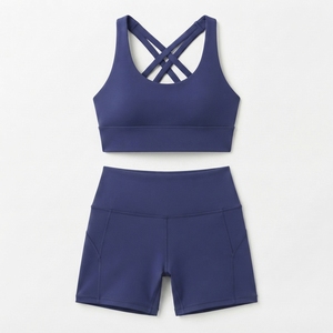 Ensemble 2 pièces de sport pour femme : Soutien-gorge croisé marine et short taille haute olive, sans couture, respirant, pour yoga et activités sportives - Product Image 4