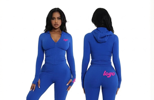 Conjunto Deportivo de Dos Piezas para Mujer con Capucha, Chaqueta Larga con Cierre y Pantalones Acampanados, Ajuste Ceñido, Poliéster/Algodón - Product Image 3