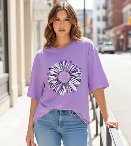 T-shirt décontracté en jersey de coton à manches courtes et col rond pour femme, imprimé floral violet, coupe ample, printemps-été - Product Image 2
