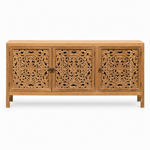 Handcrafted Solid Wood Carved <b>Sideboard</b> Cabinet with 3 Ornate Floral Doors, <b>Rustic</b> Boho Indian Style Buffet Storage Furniture - Product Image 2