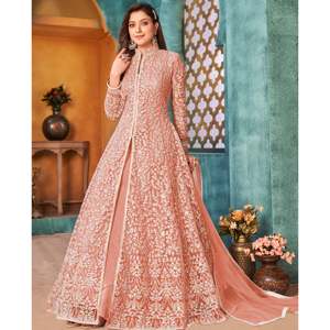 ชุดเดรส Anarkali สีเหลือง ดีไซน์เนอร์ โพลีเอสเตอร์ ประดับด้วยลูกปัดและเลื่อม สำหรับงานแต่งงาน พร้อมกางเกงและผ้าคลุมไหล่ ไซส์ M แบรนด์ Dani Fashion - Product Image 1