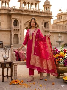 Heavy Designer Suit Roman Silk With Beautiful Embroidery With Sequence Work <b>Top</b> and Pant With Cotton Silk With Zari Work Dupatta - Product Image 2