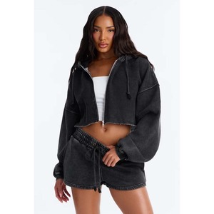 <b>Women's</b> <b>Blue</b> Cropped <b>Hoodie</b> With Drawstring Shorts Set Oversized Fleece Sweatshirt And Shorts Spring Casual Wear - Product Image 4