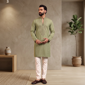 Ensemble Kurta Pajama brodé vert pour homme, coupe classique, vêtements décontractés traditionnels indiens et pakistanais, toutes saisons - Product Image 1