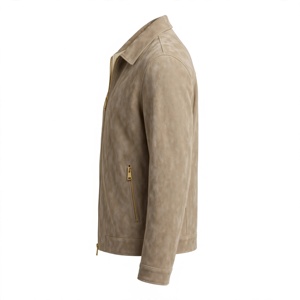 Chaqueta de Motociclista para Hombre, de Cuero Genuino Beige, Impermeable, Cuello Alto, Corte Ajustado, Cierre de Cremallera, para Invierno - Product Image 4