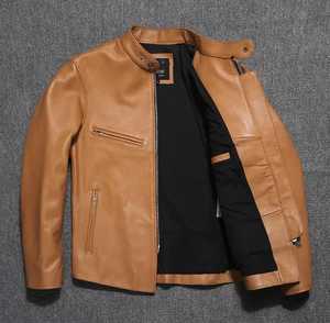 Genuine <b>Leather</b> Eco-friendly Biker <b>Jacket</b> Breathable Slim Fit Color Blocking Stand Collar <b>Men's</b> Casual Front logo <b>Jacket</b> - Product Image 5