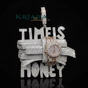 Colgante Time Is Money de Plata 925 y Oro 18K con Diamante Cultivado en Laboratorio, Corte Brillante Redondo, Color D, Joyería Hiphop para Hombre - Product Image 1